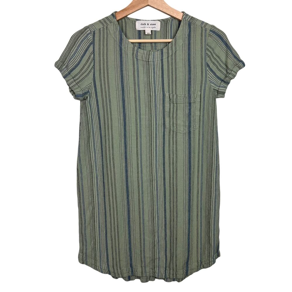 Anthropologie Cloth &‎ Stone XS Linen Blend Sage Green Striped Shirt Dress
